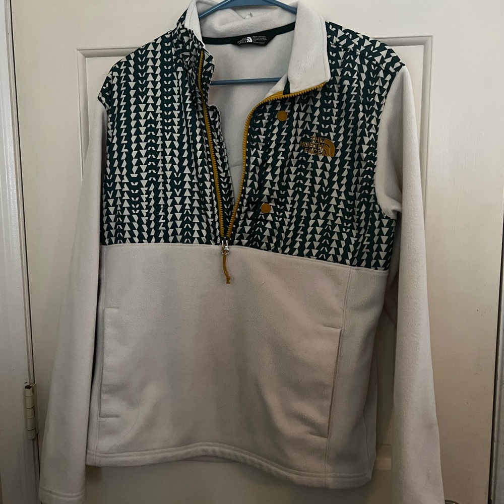 THE NORTH FACE off white FLEECE W/ GREEN YELLOW DETAIL 1/2 ZIP MEN’S SZ Large